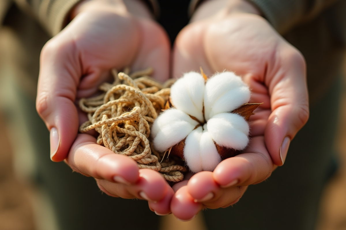 Mains tenant des fibres de coton et de chanvre naturelles