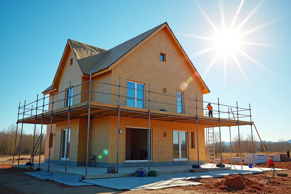 Maison moderne en construction avec isolation écologique
