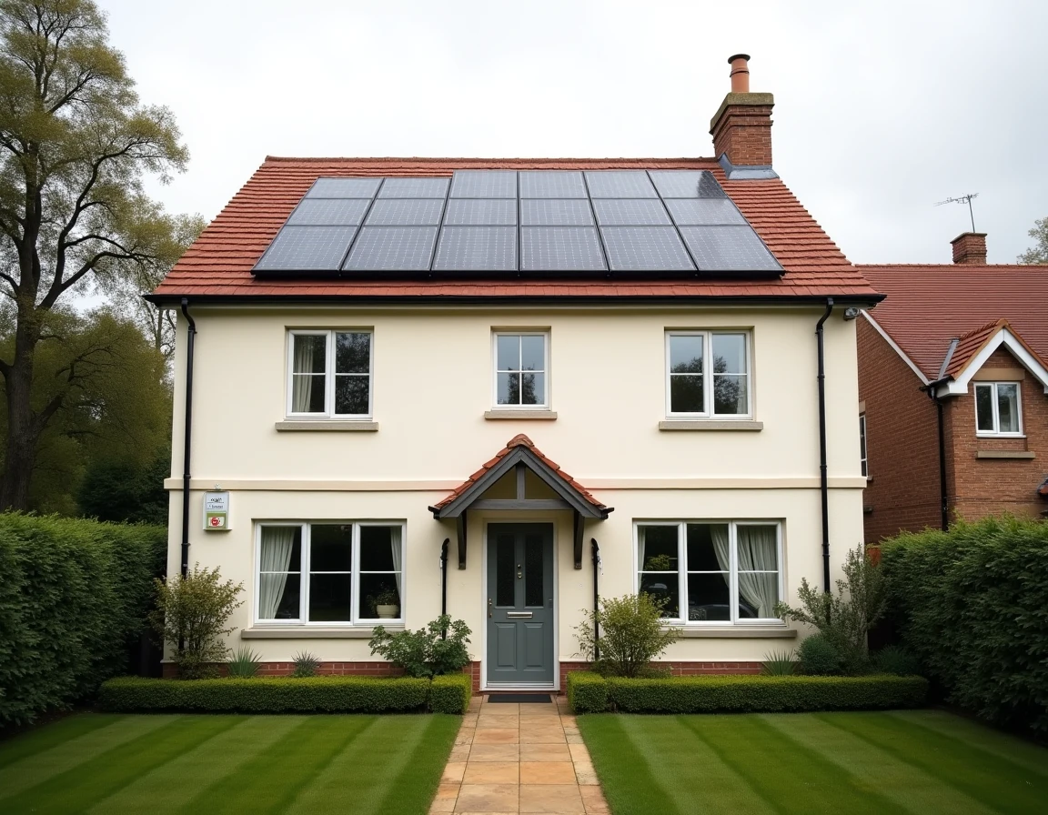 Maison individuelle rénovée avec panneaux solaires et isolation extérieure affichant un label de performance énergétique, augmentation de la valeur immobilière grâce au DPE