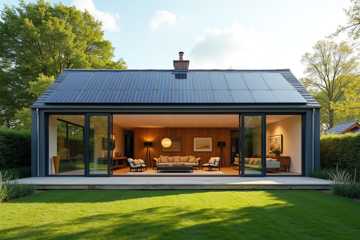 Maison durable avec jardin et panneaux solaires