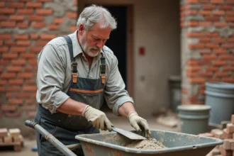 Maçon d'âge moyen mélangeant du mortier à l'extérieur