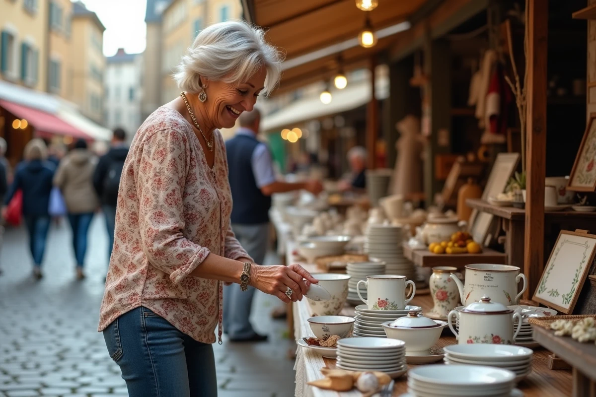 Femme souriante achetant de la vaisselle vintage à une brocante