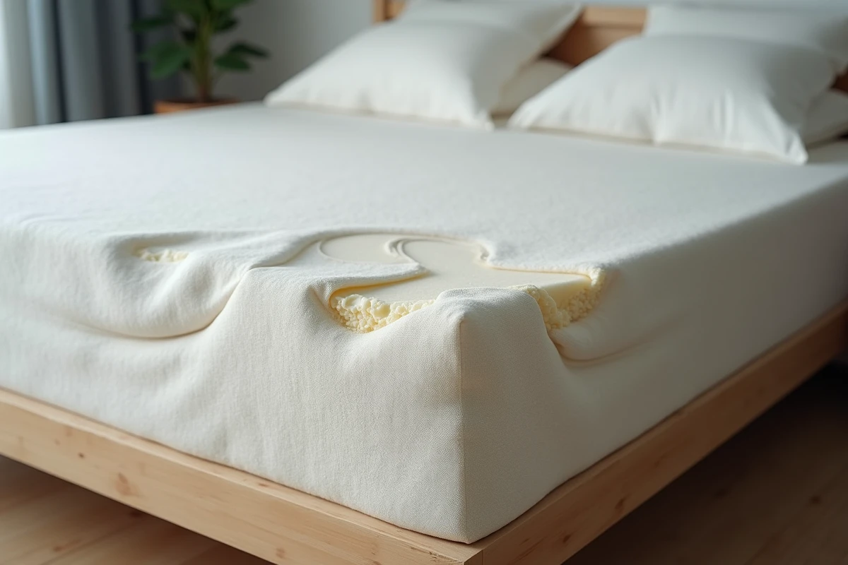 Gros plan sur un matelas affaissé et déformé montrant les creux d'usure responsables des douleurs au dos et aux lombaires