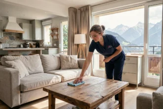 Professionnelle du ménage à domicile nettoyant un salon moderne en Auvergne-Rhône-Alpes