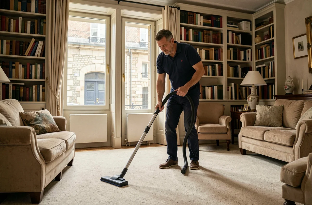 Homme effectuant un ménage à domicile avec un aspirateur dans un salon traditionnel à Tours