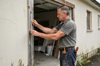Artisan mesurant l'ouverture d'une porte de garage ancienne lors d'une rénovation résidentielle
