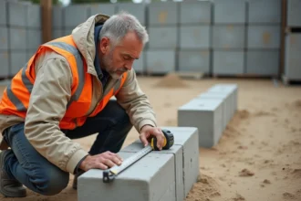 Ouvrier maçon mesurant un parpaing sur un chantier de construction avec un mètre ruban en acier