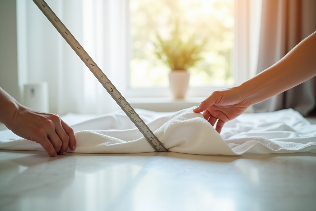 Mains mesurant un tissu de rideau avec règle métallique