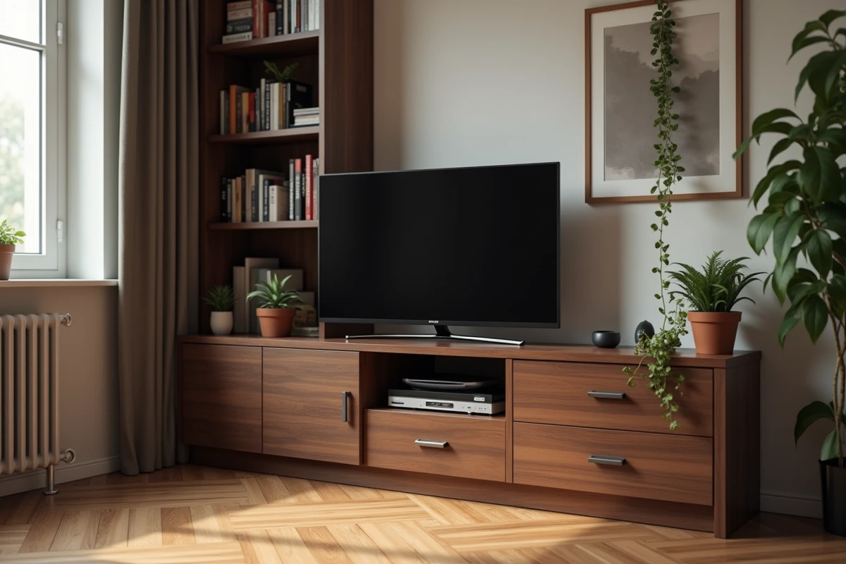 Meuble d'angle TV en noyer foncé avec rangements fermés dans un appartement cosy