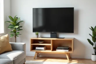 Meuble télé d'angle en bois clair dans un petit salon moderne optimisant l'espace d'un coin de mur
