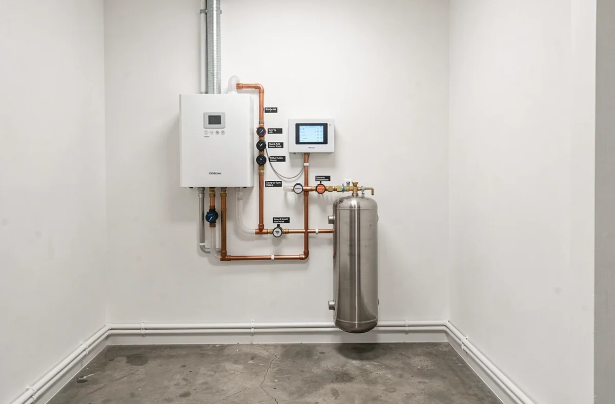 Tableau hydraulique intérieur d'une pompe à chaleur air-eau avec vannes et module de régulation