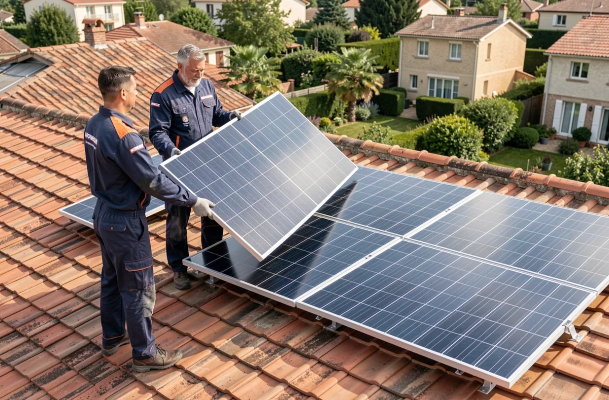 Équipe Monabee positionnant un panneau photovoltaïque sur une toiture résidentielle dans la banlieue de Lyon