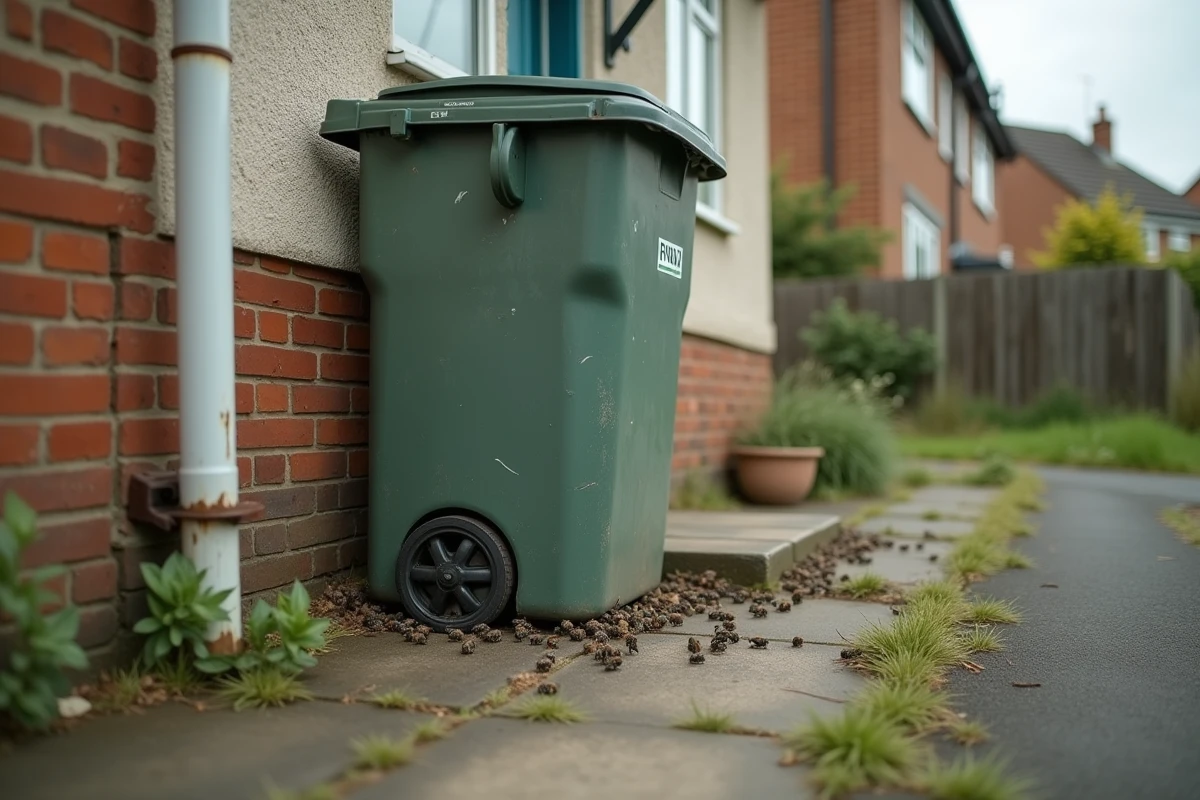 Mouches attirées par une poubelle mal fermée devant une maison ancienne, illustration réaliste des causes d'une invasion de mouches en milieu domestique