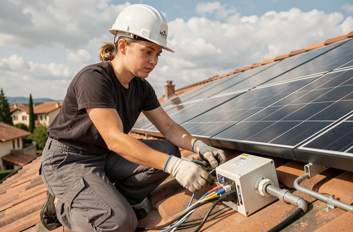 Technicienne Murfy Solaire connectant le câblage électrique de panneaux solaires sur un toit résidentiel dans le département du Rhône