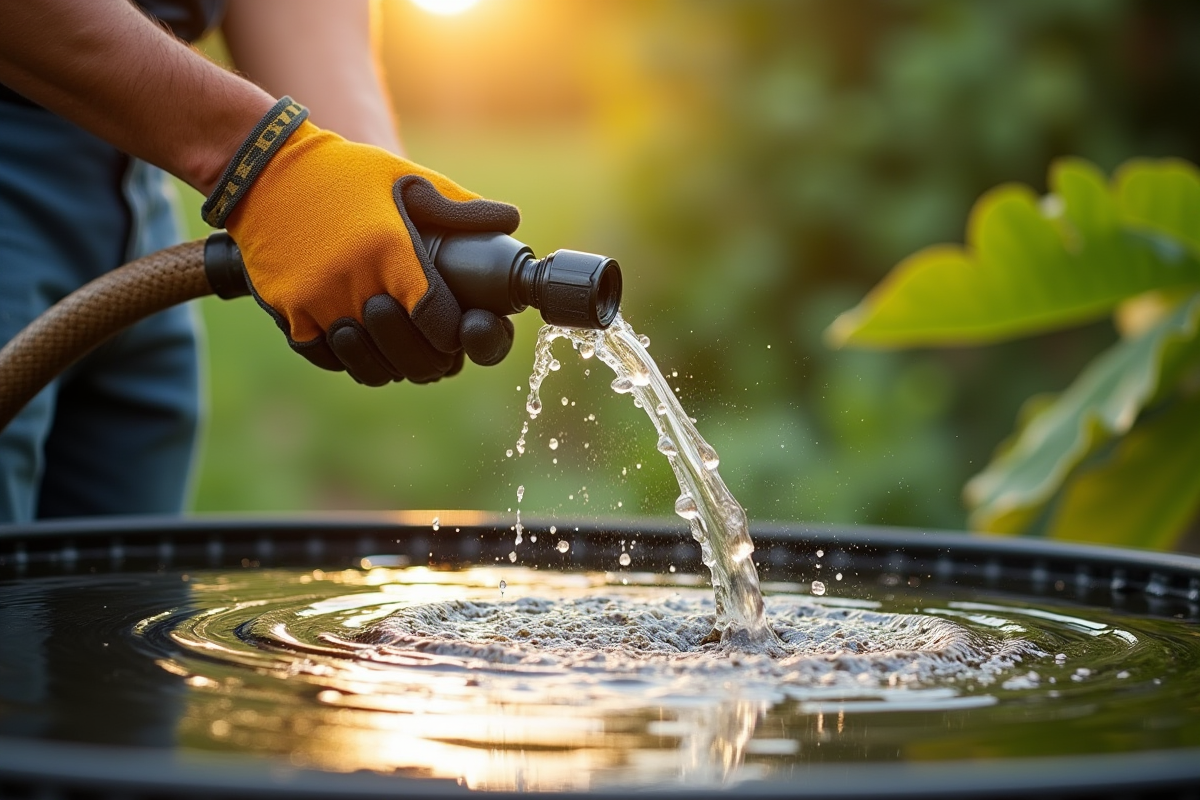 Personne utilisant un tuyau pour rincer un filtre sable en extérieur