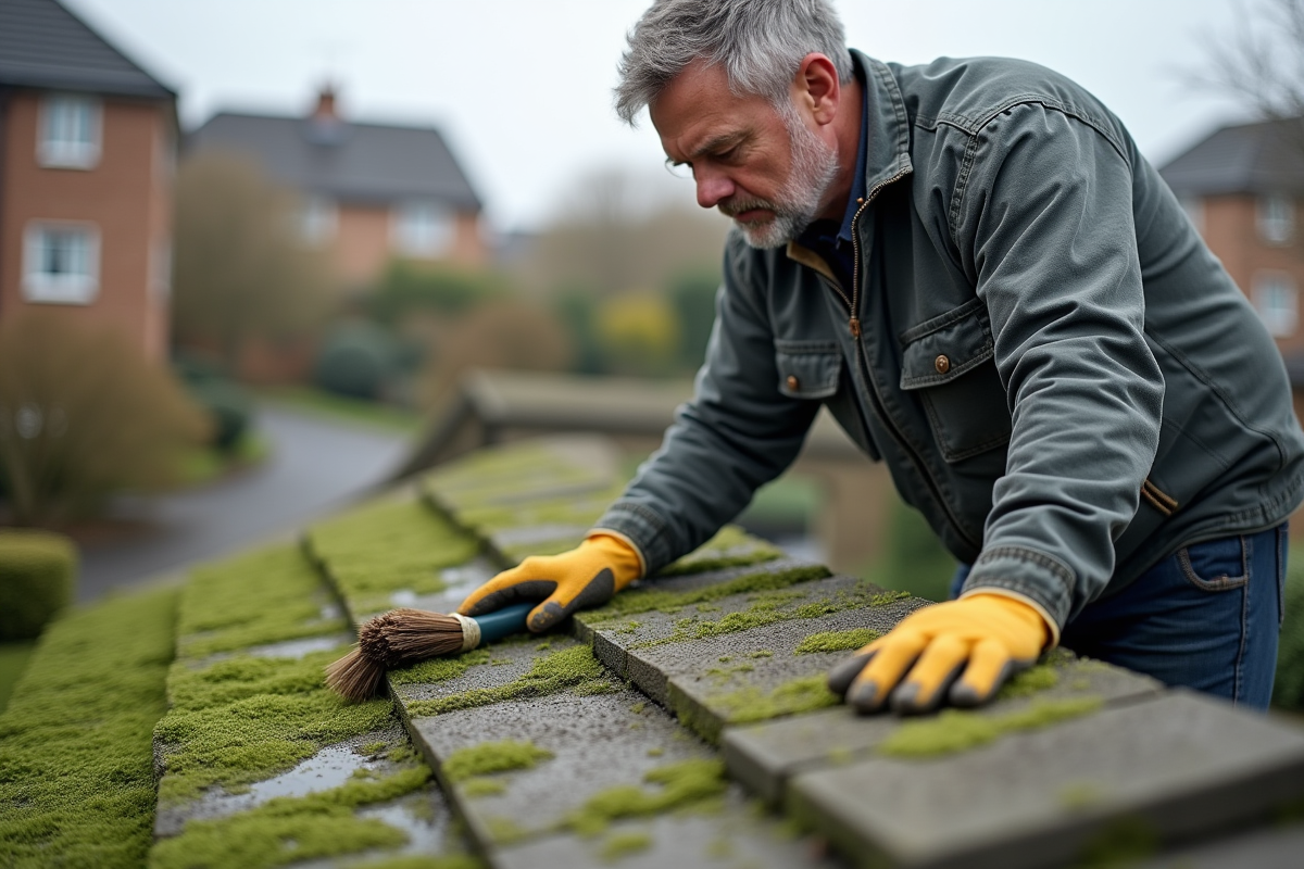 Homme d'âge moyen nettoyant des tuiles de toit avec une brosse douce