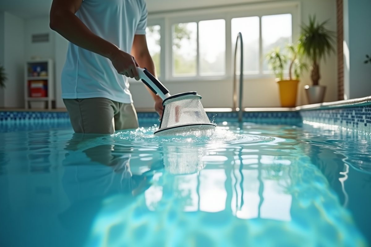 Agent de nettoyage utilisant un filet pour entretenir la piscine intérieure