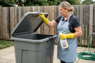 Femme avec des gants en caoutchouc ouvrant une poubelle plastique grise pour la nettoyer avec du vinaigre blanc