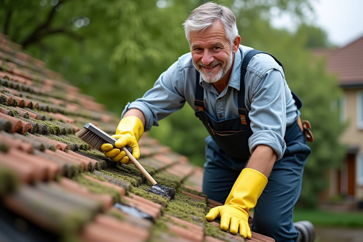 Homme en overalls nettoyant des tuiles avec une brosse