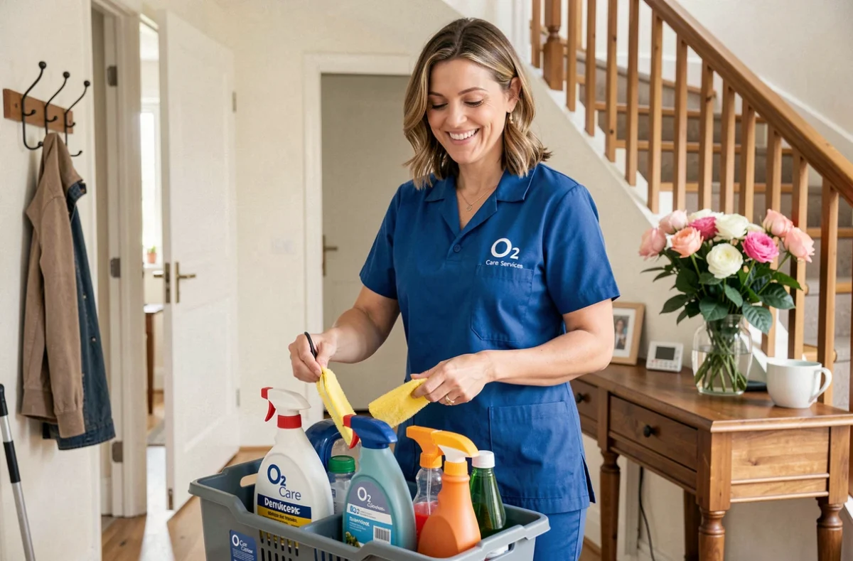 Professionnelle O2 Care Services en uniforme bleu préparant ses produits de nettoyage dans une maison de ville