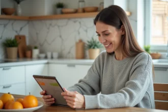 Femme organisant sa liste de courses en ligne sur une tablette dans une cuisine moderne