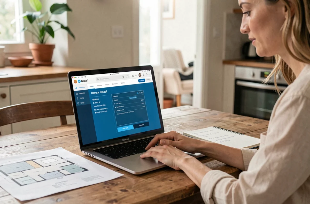 Propriétaire consultant une offre d'installation solaire Otovo sur un ordinateur portable dans sa cuisine en France