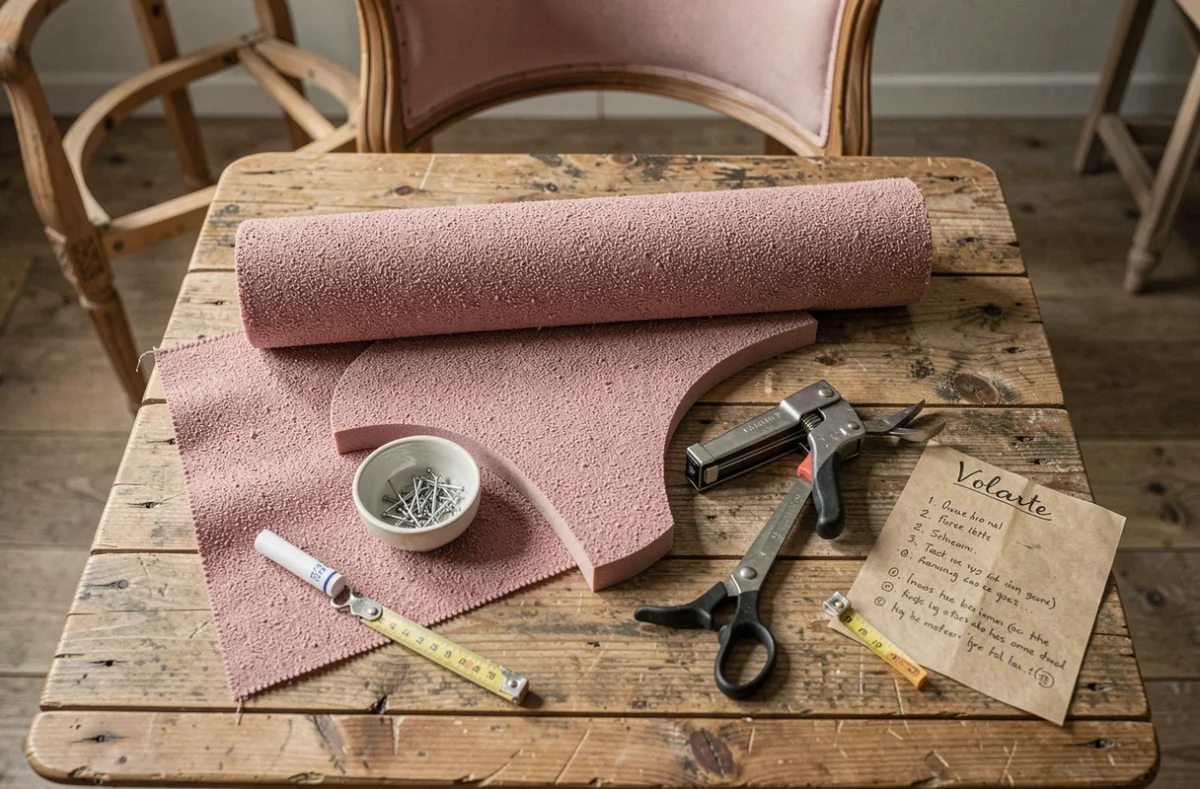 Pose à plat des outils et matériaux nécessaires pour tapisser un fauteuil Voltaire soi-même