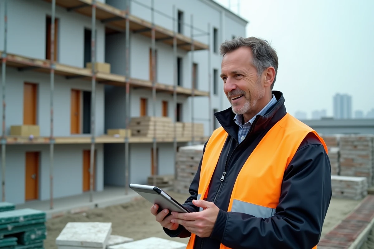 Ouvrier sur site de rénovation avec collègues et matériaux