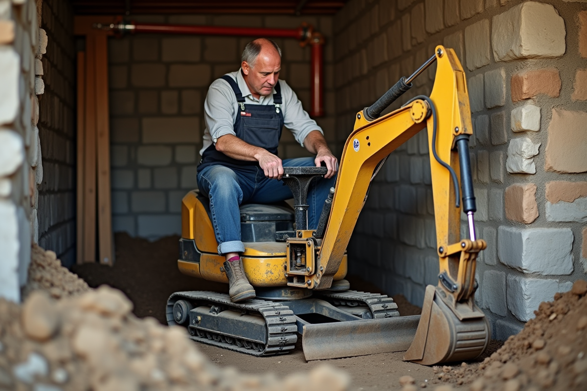 Homme en salopette utilisant mini-pelle dans sous-sol en rénovation
