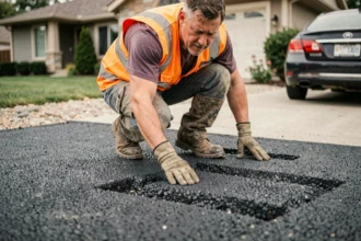 Ouvrier inspectant la surface d'un enrobé drainant fraîchement posé sur une allée résidentielle