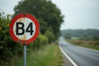 Panneau B34 interdiction de dépasser sur une route rurale française entourée de haies vertes