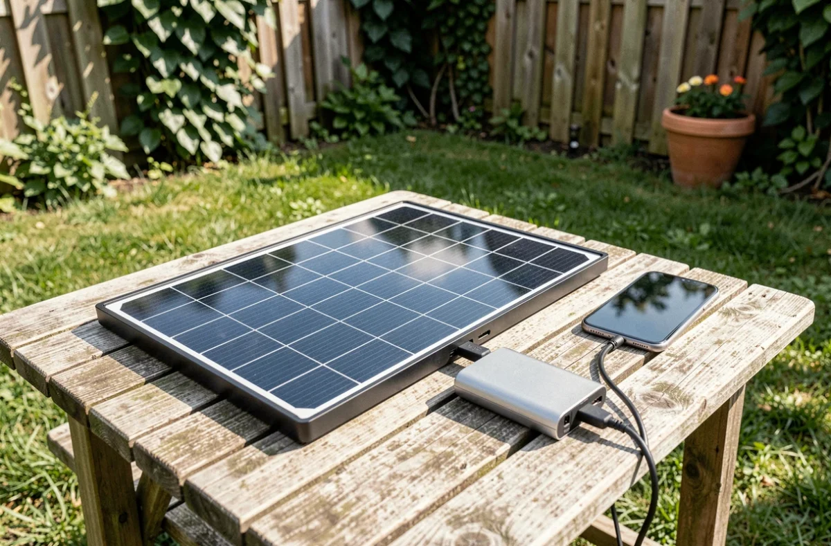 Panneau solaire Lidl posé sur une table de jardin rechargeant un smartphone