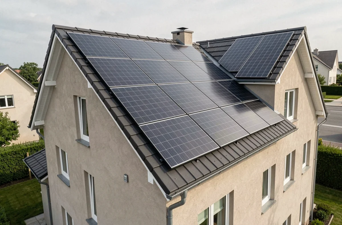 Panneaux solaires haute performance intégrés sur le toit d'une maison individuelle moderne en zone résidentielle