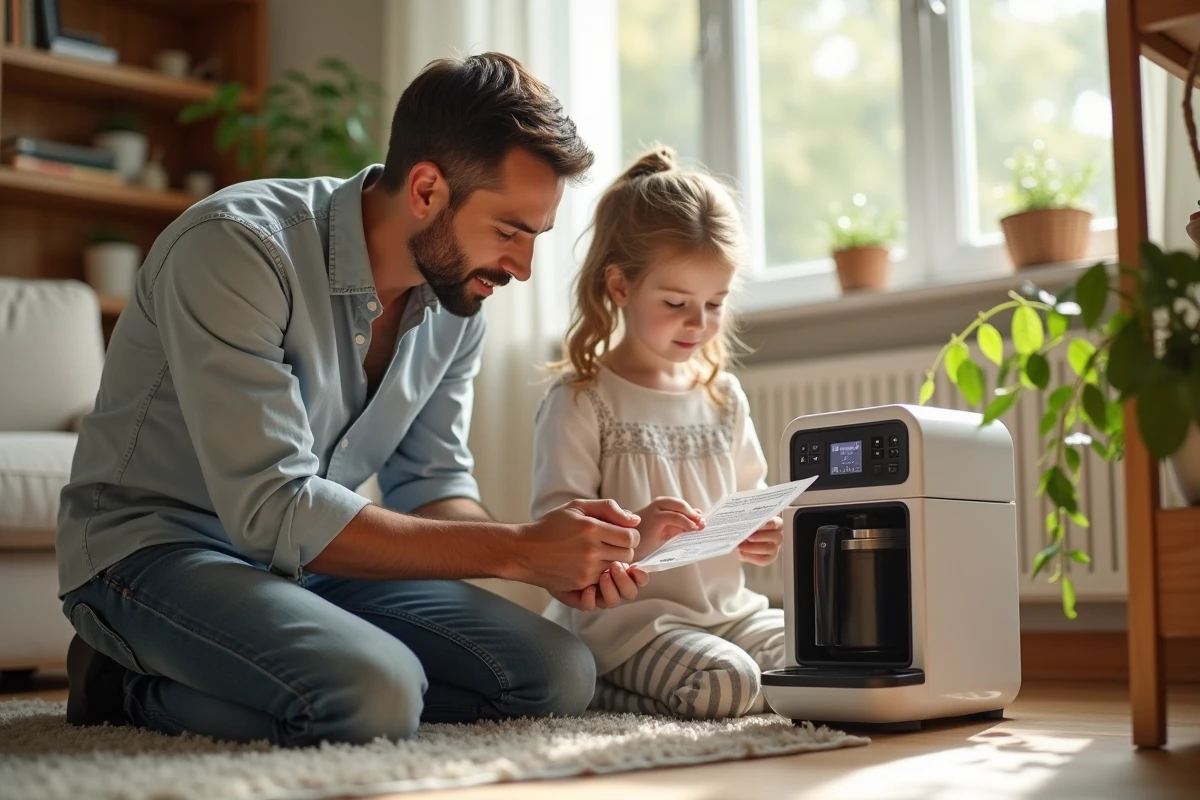 Père et fille examinant des instructions de sécurité à la maison