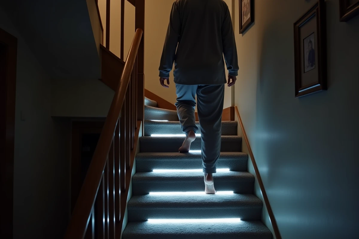 Personne descendant un escalier de maison la nuit avec les marches s'éclairant automatiquement grâce au système LED à détection de mouvement