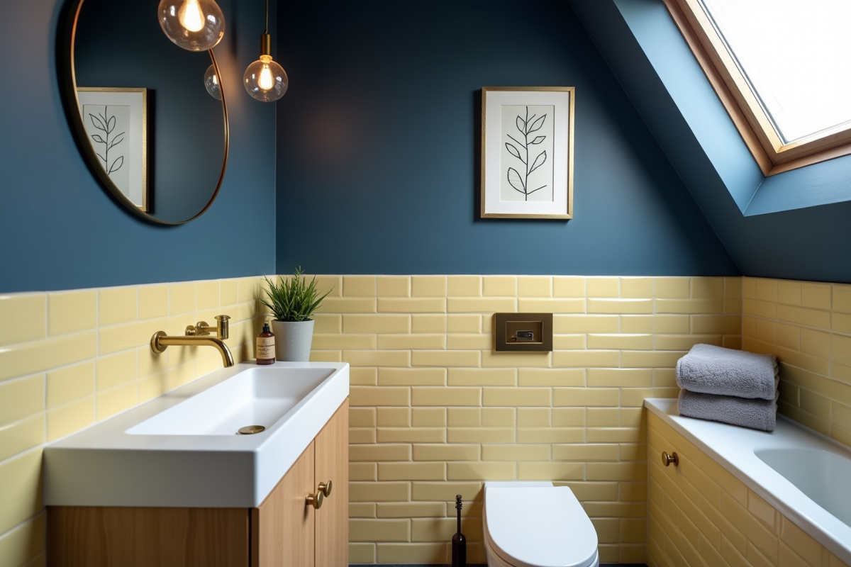 Salle de bain compacte avec murs bleu marine et carrelage jaune pastel