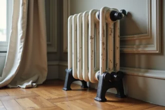 Pied réglable pour radiateur en fonte ancien dans un appartement haussmannien avec parquet en chêne