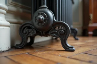 Pied de radiateur en fonte ornementé posé sur un parquet en chêne dans un appartement haussmannien