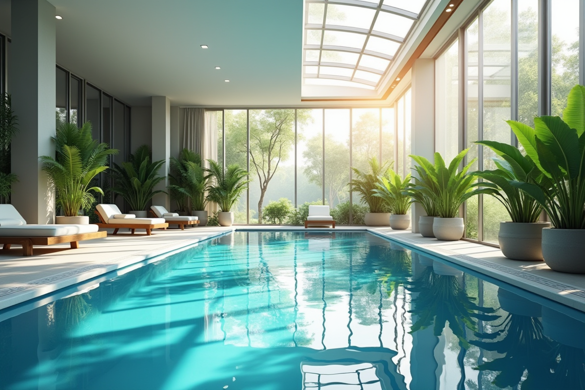 Piscine intérieure moderne avec lumière naturelle et plantes vertes