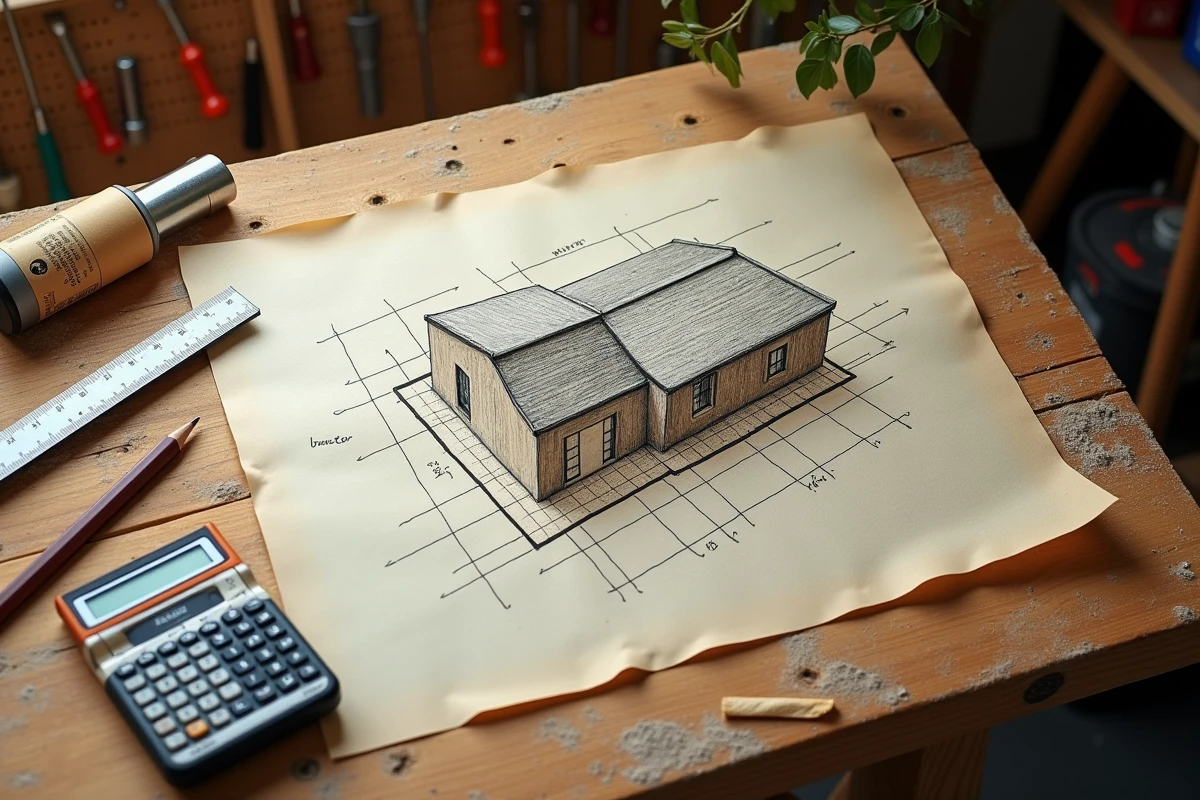 Plan de toiture dessiné à la main avec mesures annotées sur papier millimétré pour calculer la surface avant remplacement de la couverture