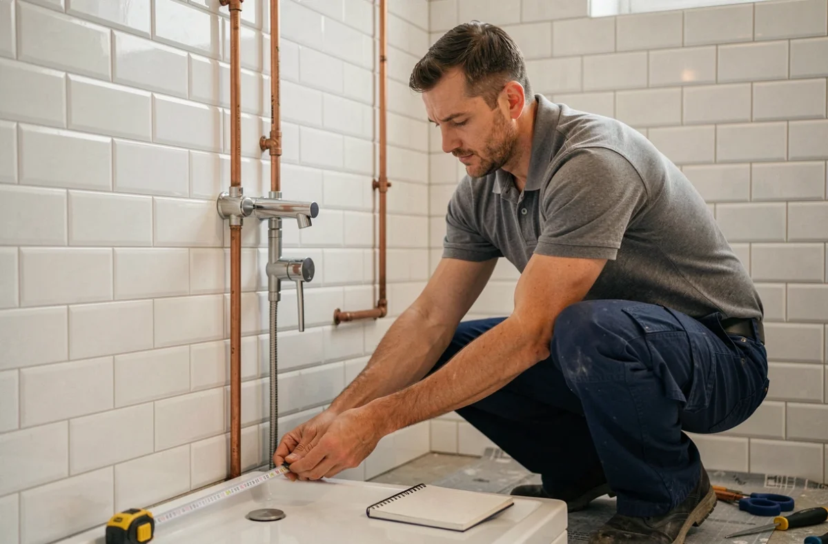 Plombier mesurant la hauteur d'installation d'un mitigeur de douche au-dessus d'un receveur lors d'une rénovation de salle de bain