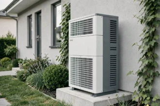 Pompe à chaleur air-air 12 kW installée à l'extérieur d'une maison moderne avec dalle béton