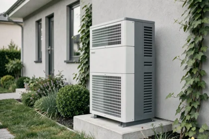 Pompe à chaleur air-air 12 kW installée à l'extérieur d'une maison moderne avec dalle béton