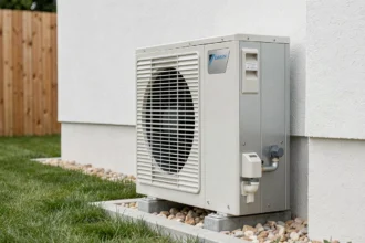 Pompe à chaleur air-eau Daikin installée sur dalle béton dans un jardin résidentiel moderne