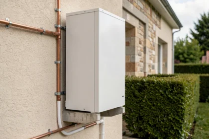 Pompe à chaleur air-air installée en extérieur sur la façade d'une maison française en remplacement d'une chaudière gaz