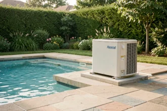 Pompe à chaleur Hayward installée en bord de piscine extérieure avec dallage en pierre
