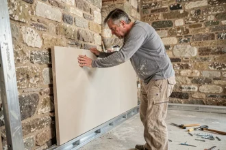 Artisan posant un panneau de placo contre un mur en pierre ancienne lors d'une rénovation intérieure
