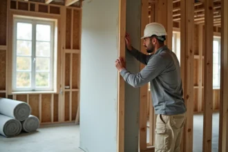 Ouvrier posant une plaque de plâtre sur une ossature bois avec rouleaux de laine minérale au sol lors d'une rénovation intérieure