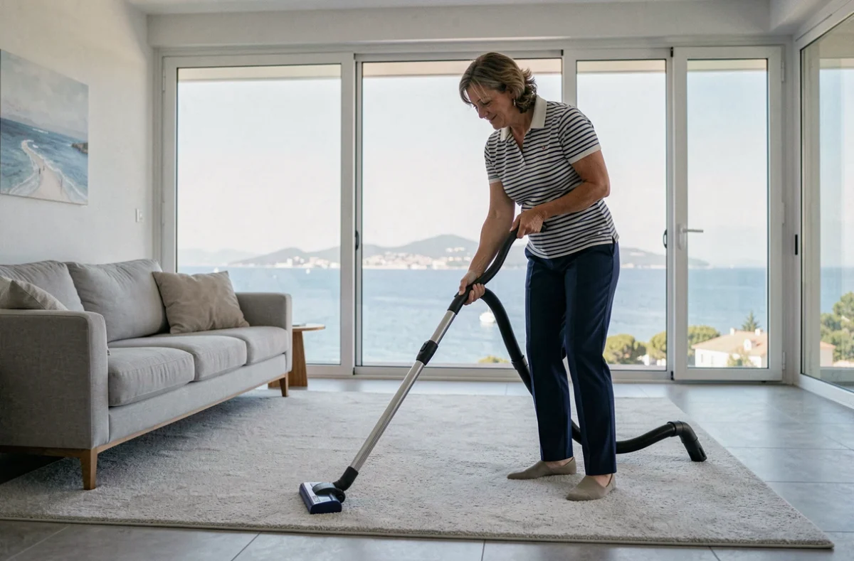Prestataire ménagère passant l'aspirateur dans un appartement moderne avec vue sur la mer à La Seyne-sur-Mer