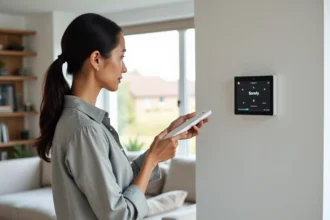 Femme programmant une télécommande Somfy via un écran tactile de box domotique TaHoma dans un salon moderne